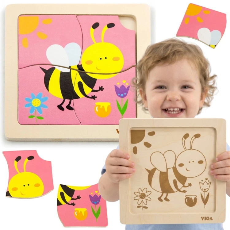 Drewniane puzzle w kształcie pszczoły Viga — układanka Montessori edukacyjna 18m+, kolorowe elementy