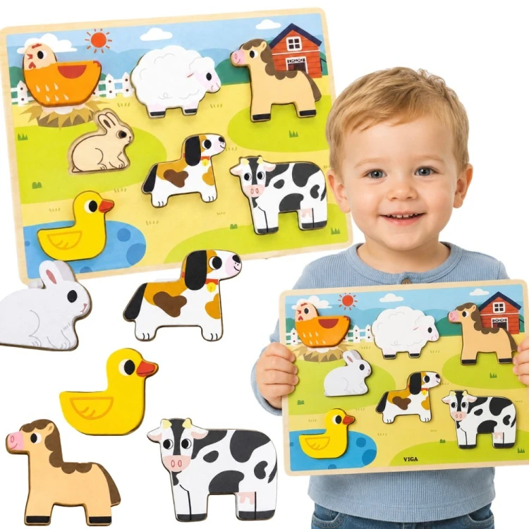 Drewniane puzzle VIGA — układanka Montessori 2w1 z figurkami farmy, widok całego zestawu na jasnym tle