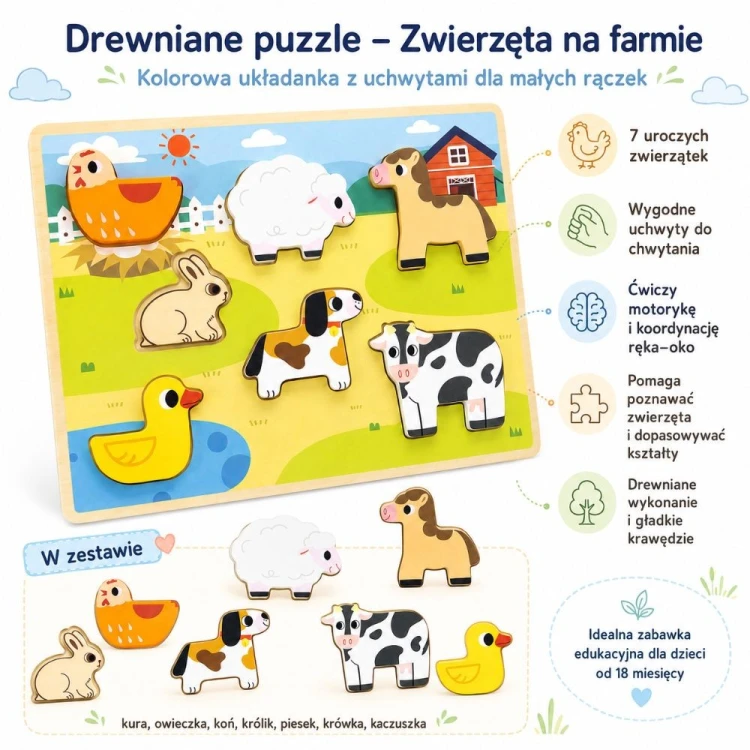 Ułożona scena farmy z drewnianych elementów — układanka VIGA pokazuje wszystkie postaci i zwierzęta