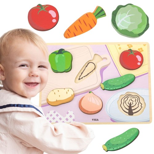 VIGA drewniane puzzle Montessori 2w1 — układanka z figurkami warzyw, edukacyjna zabawa dla malucha