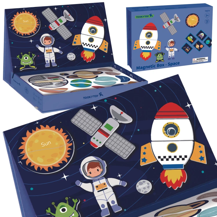 Układanka magnetyczna Kosmos TOOKY TOY — kolorowe elementy w pudełku edukacyjnym gotowe do układania