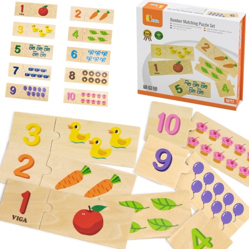 Zestaw drewnianych puzzli Dopasuj Liczby VIGA — rozłożona układanka Montessori z widocznymi wszystkimi elementami