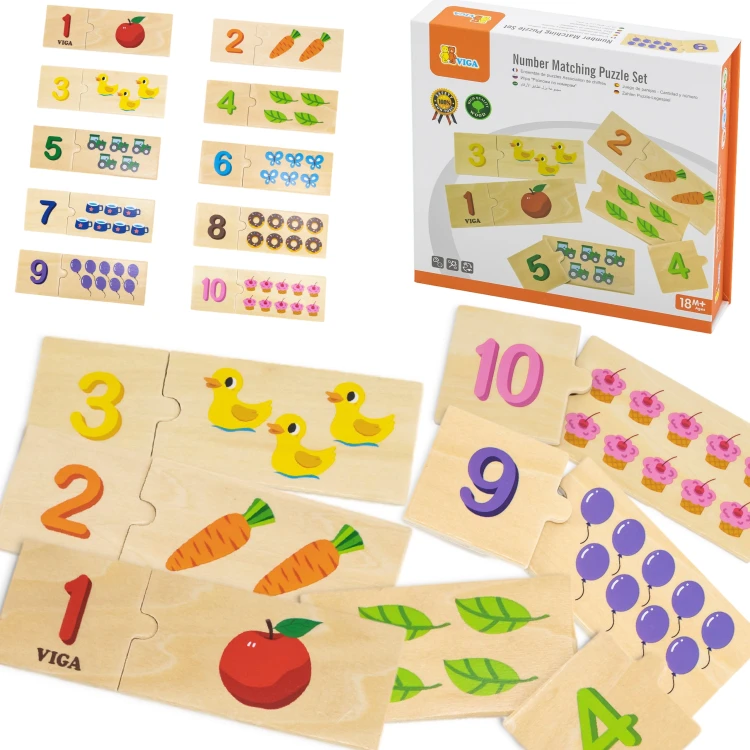 Zestaw drewnianych puzzli Dopasuj Liczby VIGA — rozłożona układanka Montessori z widocznymi wszystkimi elementami