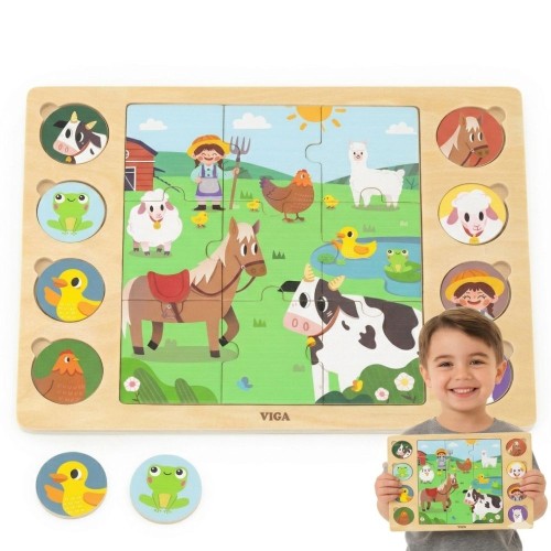 Drewniane puzzle 'Odgadnij po Cieniu' VIGA — Farma, układanka 17 elementów, komplet figurek i plansza