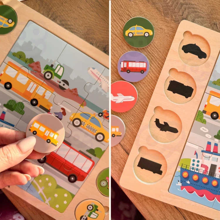 Zbliżenie na drewniane elementy puzzle VIGA — detale wycięć i kolorów ułatwiających dopasowanie