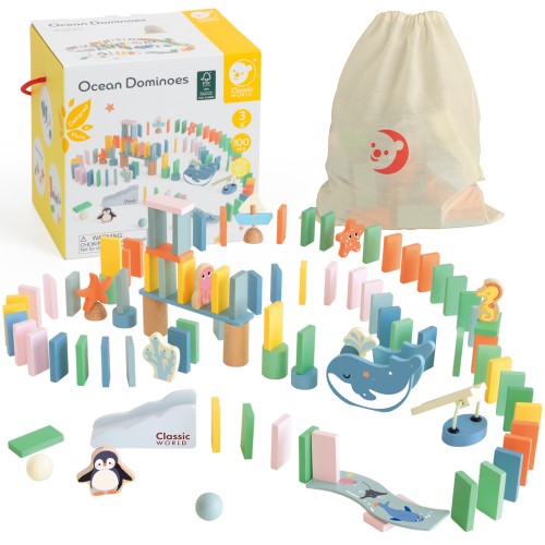 CLASSIC WORLD Drewniane domino i tor logiczny Montessori — kolorowy zestaw edukacyjny 100 el. na kreatywną zabawę