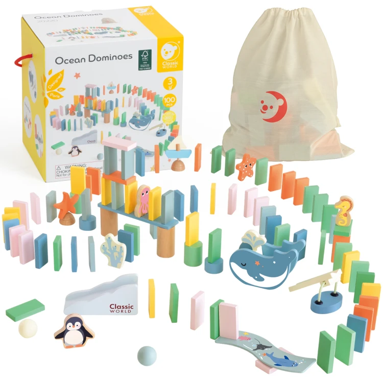 CLASSIC WORLD Drewniane domino i tor logiczny Montessori — kolorowy zestaw edukacyjny 100 el. na kreatywną zabawę
