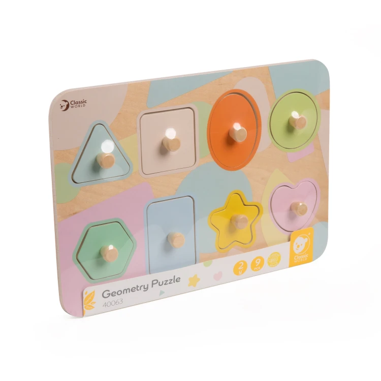 Ujęcie z boku — wszystkie 9 elementów układanki Puzzle Klocki Geometryczne CLASSIC WORLD ustawione w rzędzie