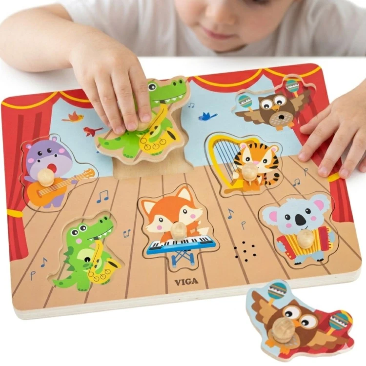 Drewniane puzzle dźwiękowe VIGA — układanka sensoryczna z motywem zwierząt na jasnym tle