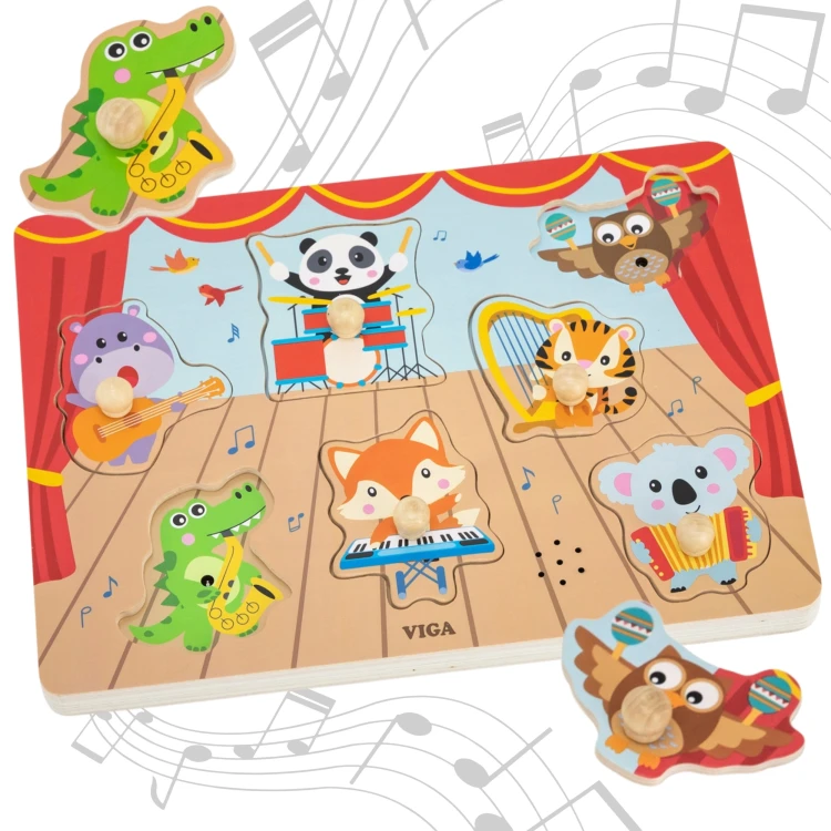 Szczegół ilustracji zwierzęcia na jednym elemencie puzzle VIGA — żywe kolory i faktura drewna