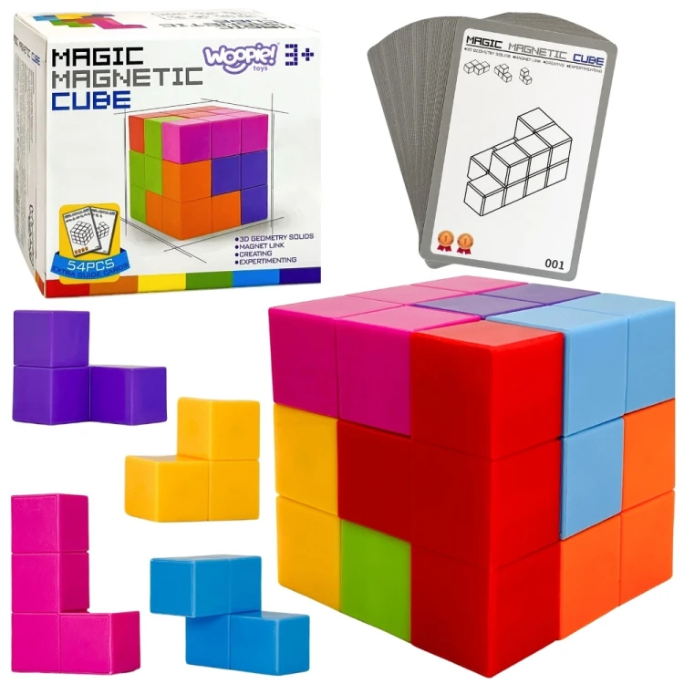 Układanka Kostka Tetris WOOPIE z zestawem kart — frontalny widok kostki i kolorowych elementów