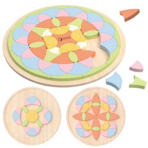Pastelowa mandala układanka Montessori CLASSIC WORLD 50 — drewniane elementy tworzą kwiatowy wzór