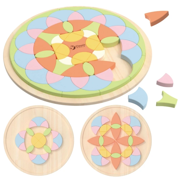 Pastelowa mandala układanka Montessori CLASSIC WORLD 50 — drewniane elementy tworzą kwiatowy wzór