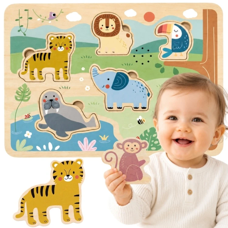 Drewniana układanka Montessori TOOKY TOY z interaktywnymi, dźwiękowymi figurkami dzikich zwierząt safari