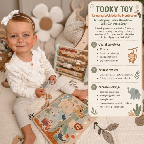 Widok od góry na elementy układanki TOOKY TOY — rozsypane puzzle i figurki dzikich zwierząt na stole