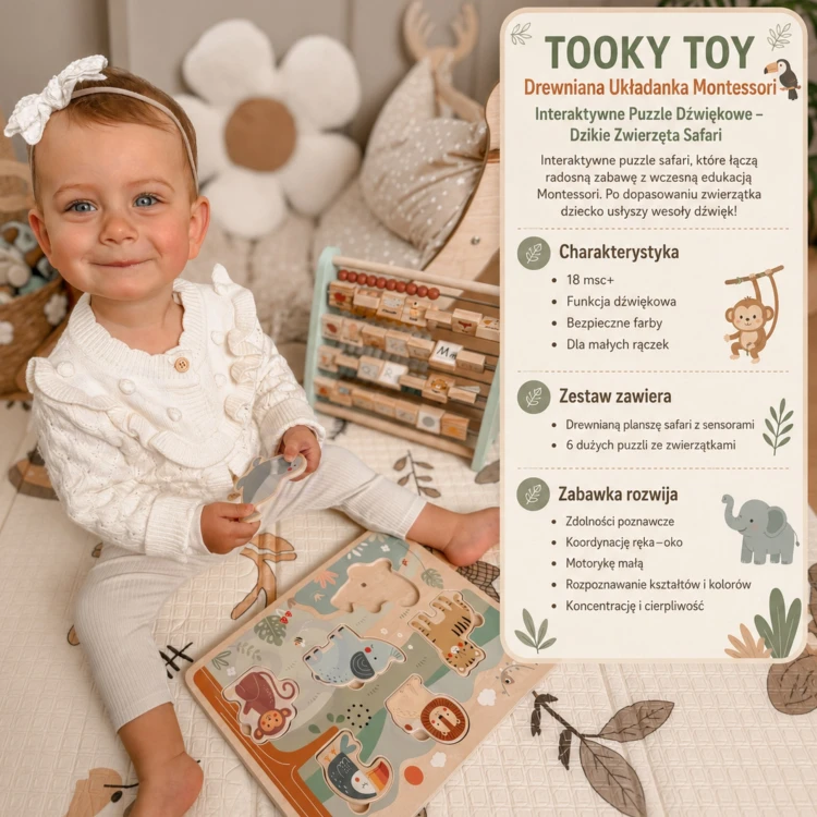 Widok od góry na elementy układanki TOOKY TOY — rozsypane puzzle i figurki dzikich zwierząt na stole