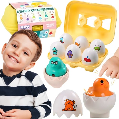 Układanka sorter Montessori WOOPIE z kurczaczkami i jajkami — widok całego zestawu 6szt