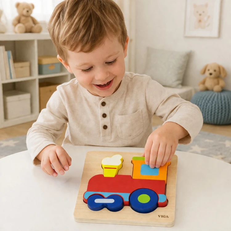 Detal lokomotywy układanki Montessori VIGA — zbliżenie na kolorowe elementy, kształty i drewniane wykończenie