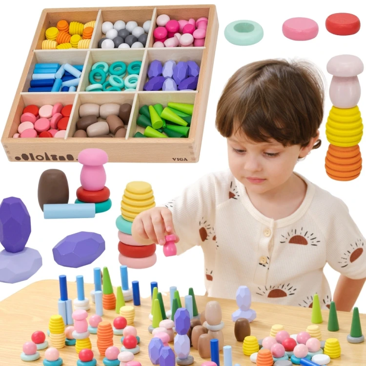 VIGA klocki drewniane edukacyjne — układanka Montessori sorter 141 el., widok rozłożonego zestawu na jasnym tle