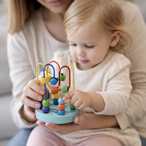 Zbliżenie na kolorowe koraliki i wygięte druty — detal drewnianej przeplatanki TOOKY TOY