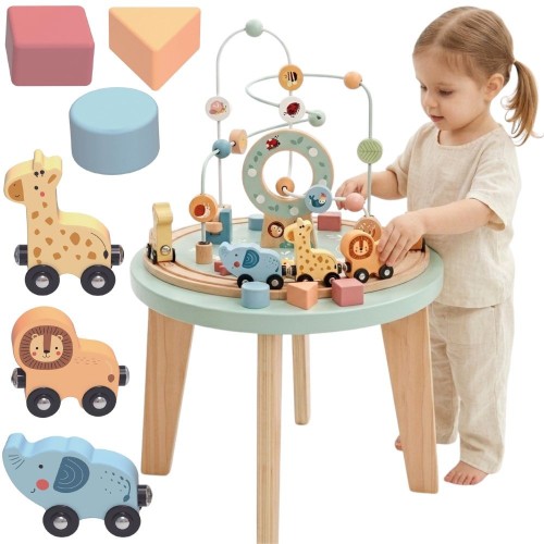 TOOKY TOY Drewniany Stół Aktywności Montessori z pętlą motoryczną — widok z przodu i elementów