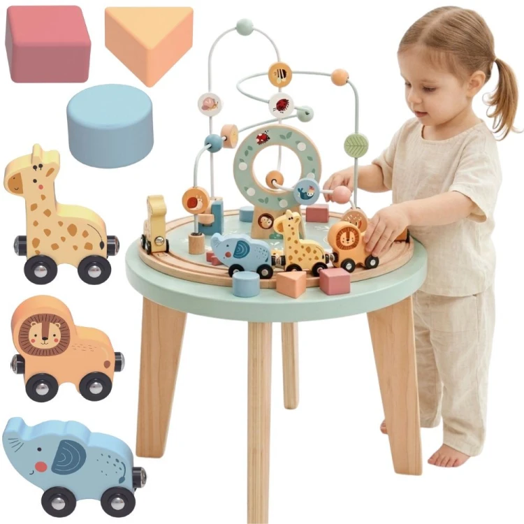 TOOKY TOY Drewniany Stół Aktywności Montessori z pętlą motoryczną — widok z przodu i elementów