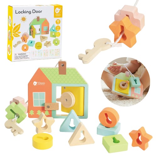 CLASSIC WORLD Drewniana przeplatanka MONTESSORI 11 el. — kolorowa ramka z klockami do nawlekania i kluczami