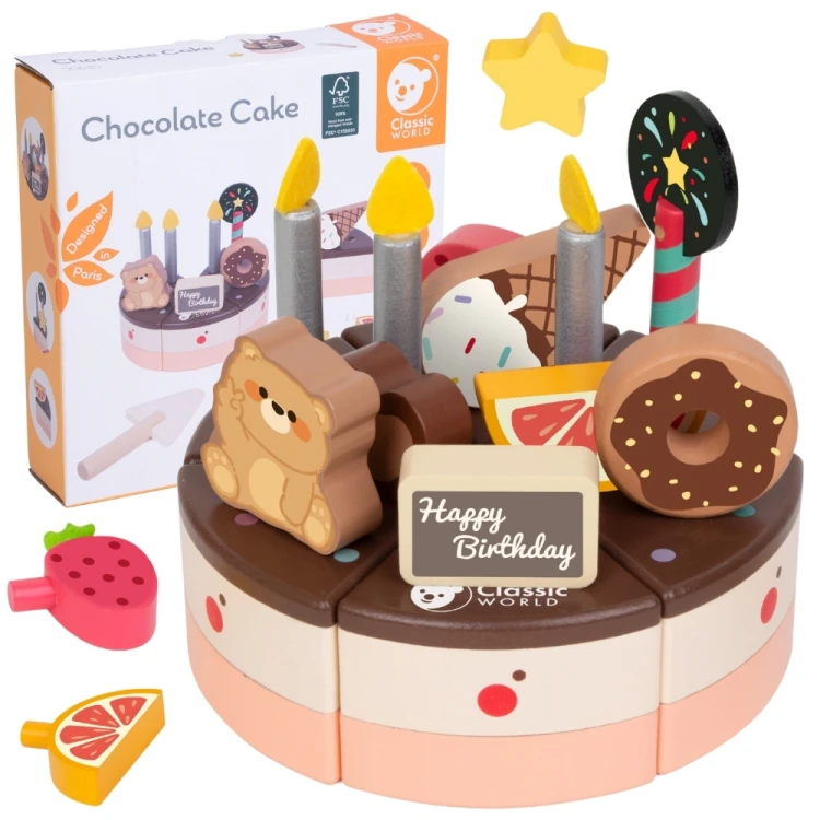 Drewniany tort do krojenia 19 el. CLASSIC WORLD 50 — kompletny zestaw kolorowych kawałków w pudełku