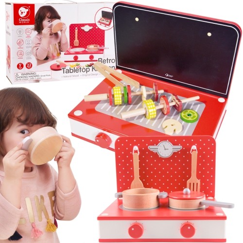 Drewniana kuchnia 2w1 CLASSIC WORLD 50 — grill i kuchenka w komplecie, prezentacja całego zestawu 22 el.