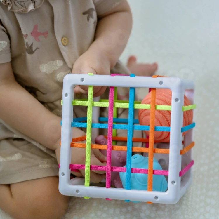 Wszystkie elementy zestawu WOOPIE BABY 5 el. ułożone w rzędzie — różnorodne kolory i formy kształtów