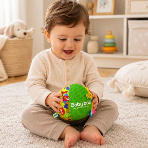 Zbliżenie na kolorowe wszywki piłki WOOPIE BABY 88 — faktura miękkiej tkaniny i kontrastowe elementy