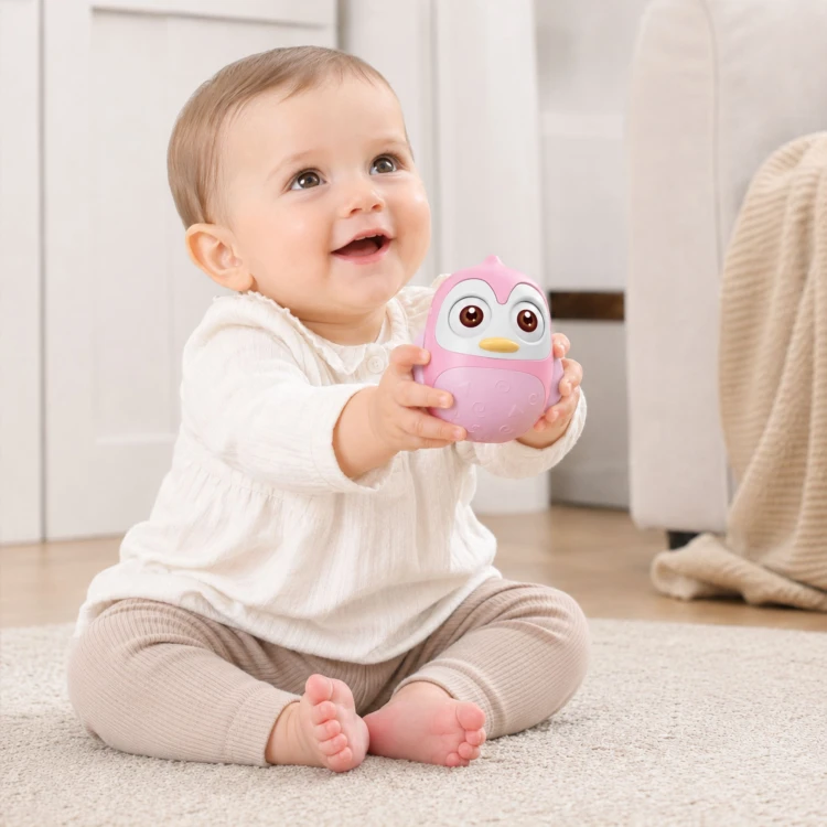 Całościowe ujęcie sensorycznego Pingwinka Wańka Wstańka WOOPIE BABY — widok całej zabawki i najważniejszych detali