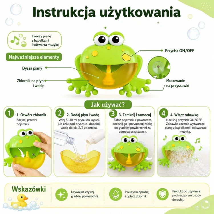 Ujęcie z góry WOOPIE BABY — żabka z widocznymi przyciskami, nadrukami i dekoracyjnymi detalami