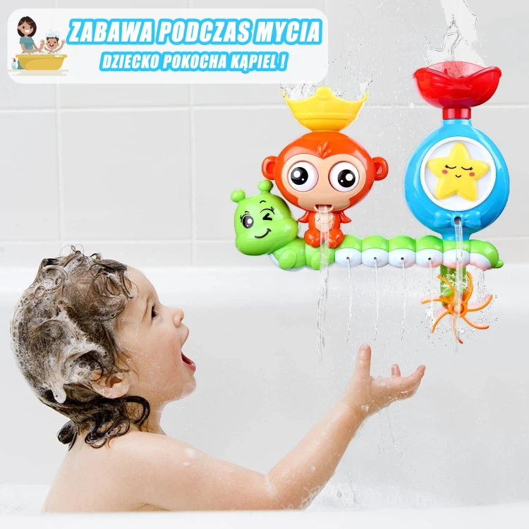 Małpka ustawiona przy kranie — pokaz działania przy strumieniu wody, element zabawy kąpielowej WOOPIE BABY