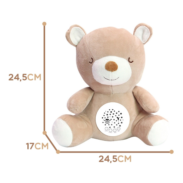Opakowanie i komplet WOOPIE BABY — widoczne pudełko oraz ułożone elementy zestawu przytulanki i projektora