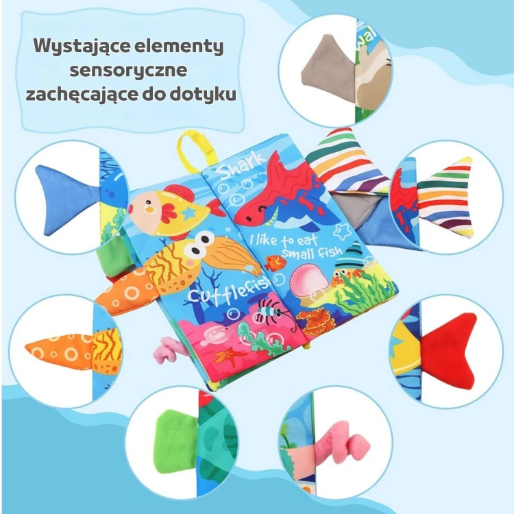 Zbliżenie na metkę 88 przy szwie książeczki WOOPIE BABY — materiałowa konstrukcja i przeszycia