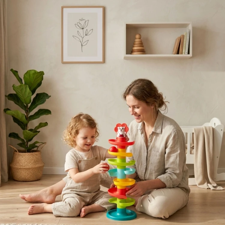 Zbliżenie na spiralę kulodromu WOOPIE BABY 88 — detal toru i trzy kolorowe kulki przy wejściu