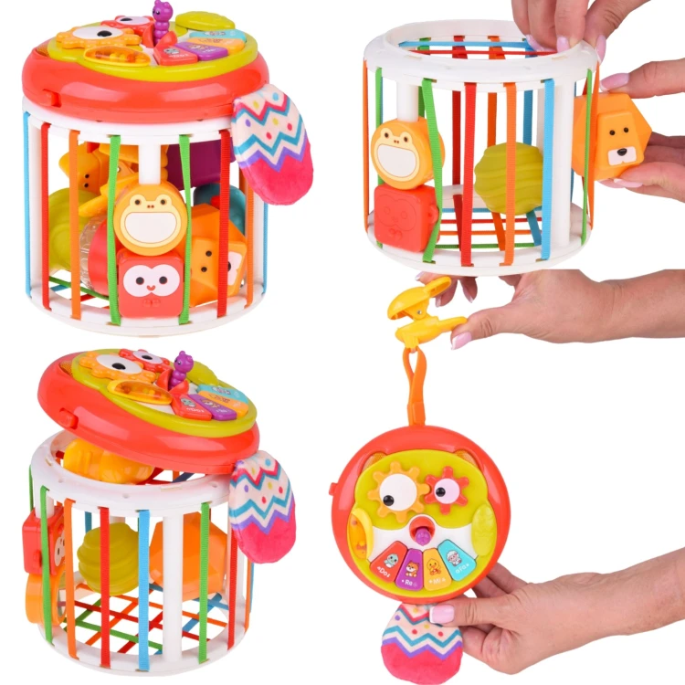 Zębatki i trybiki w kostce sensorycznej Woopie Baby rozwijające zdolności manualne dziecka