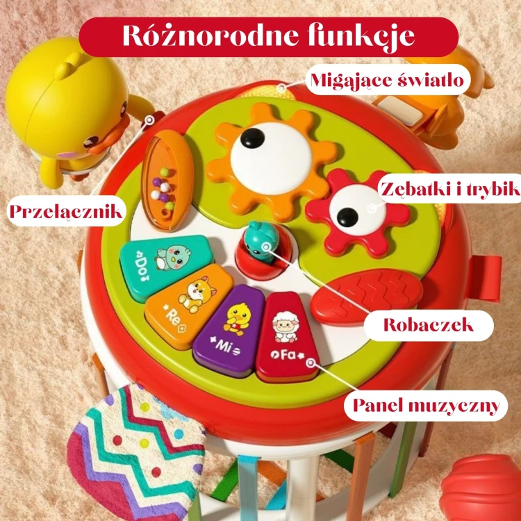 Kostka sensoryczna Woopie Baby – widok z góry na panel muzyczny i klocki