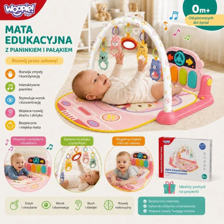 Widok na miękkie podłoże maty edukacyjnej Woopie Baby z kolorowymi grafikami