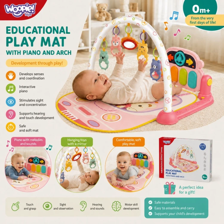 Zawieszki grzechotki i bezpieczne lusterko na pałąku maty Woopie Baby dla niemowląt