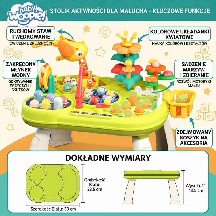 Pionki i przesuwane elementy multistolika 8w1 — detal zestawu WOOPIE BABY widoczny z boku