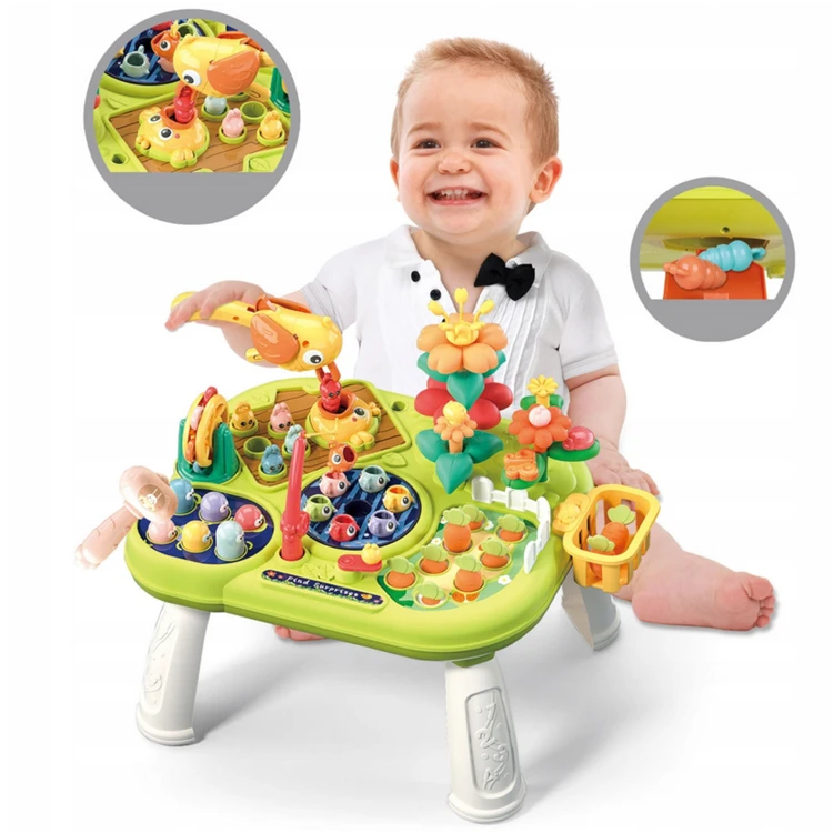 Zbliżenie na kolorowe przyciski i panele dotykowe — interaktywne funkcje multistolika WOOPIE BABY
