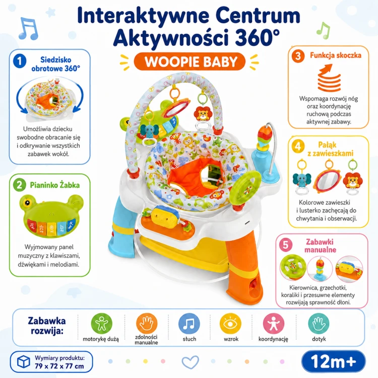 Widok interaktywnego centrum Woopie Baby z kolorowym pałąkiem i zawieszkami