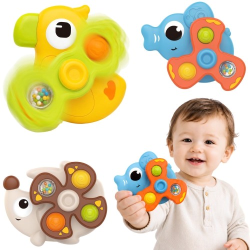 Zestaw bączków sensorycznych Woopie Baby z przyssawkami – żółta kaczuszka, niebieski słonik, beżowy jeżyk