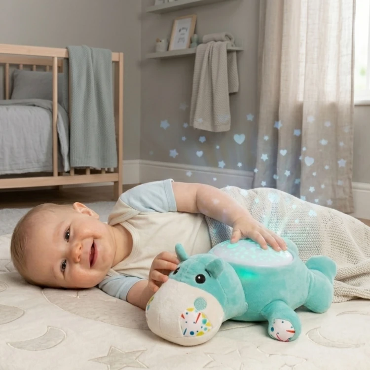 Bok przytulanki WOOPIE BABY — detal miękkiej pluszowej tkaniny, haftowane oko i subtelne przeszycia