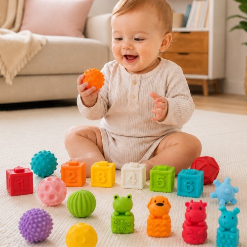 Fragment puzzli sensorycznych WOOPIE BABY — zbliżenie na miękkie elementy i wypukłe faktury