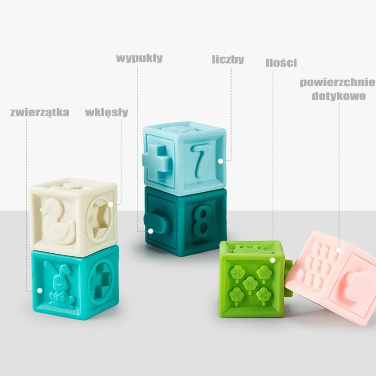 Kolorowe elementy puzzli WOOPIE BABY — zbliżenie na kontrastowe kształty i faktury do sensoryki