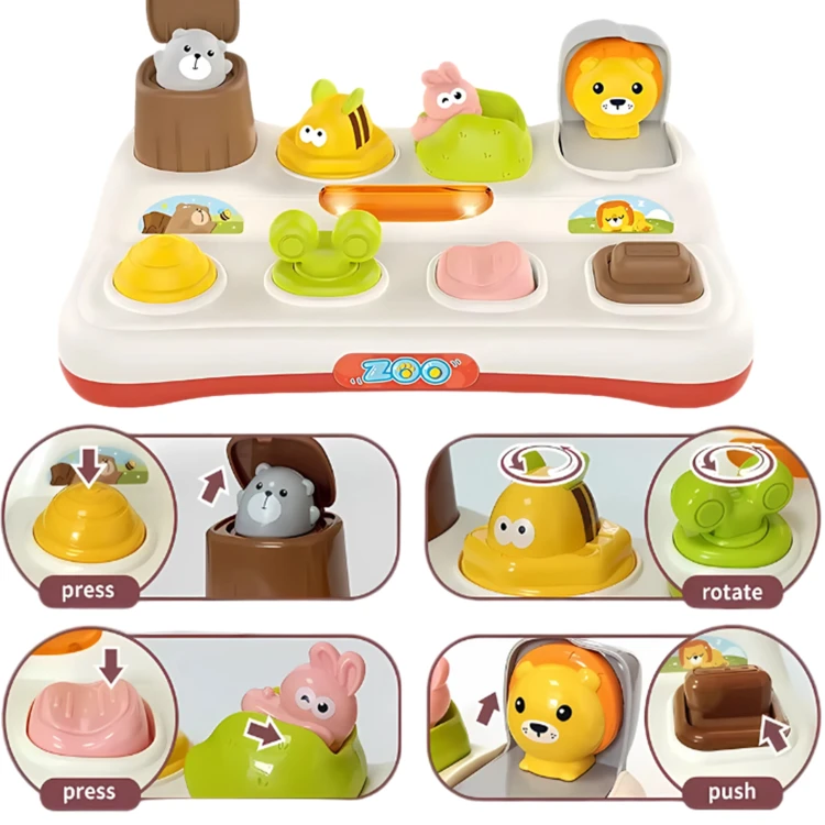 Spód zestawu ZOO z widocznym mechanizmem wyskakującym i etykietą WOOPIE BABY w zbliżeniu