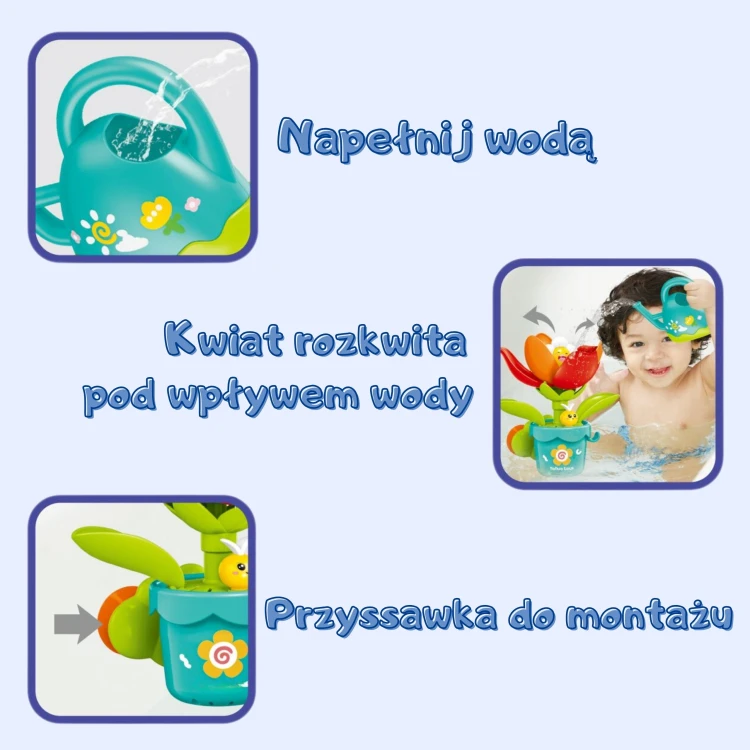 Aranżacja zabawki WOOPIE BABY 88 na łazienkowej powierzchni — konewka ustawiona obok kwiatka, gotowa do zabawy w kąpieli